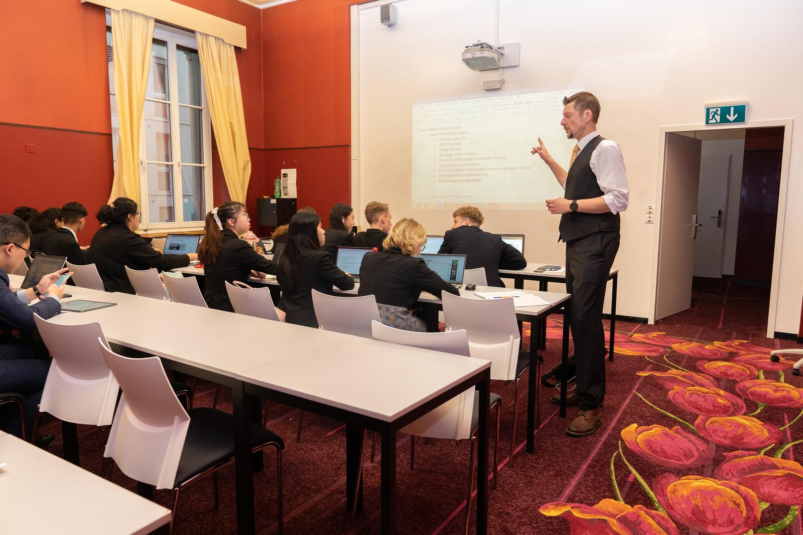 A BHMS hotel management class in session at the Lucerne campus