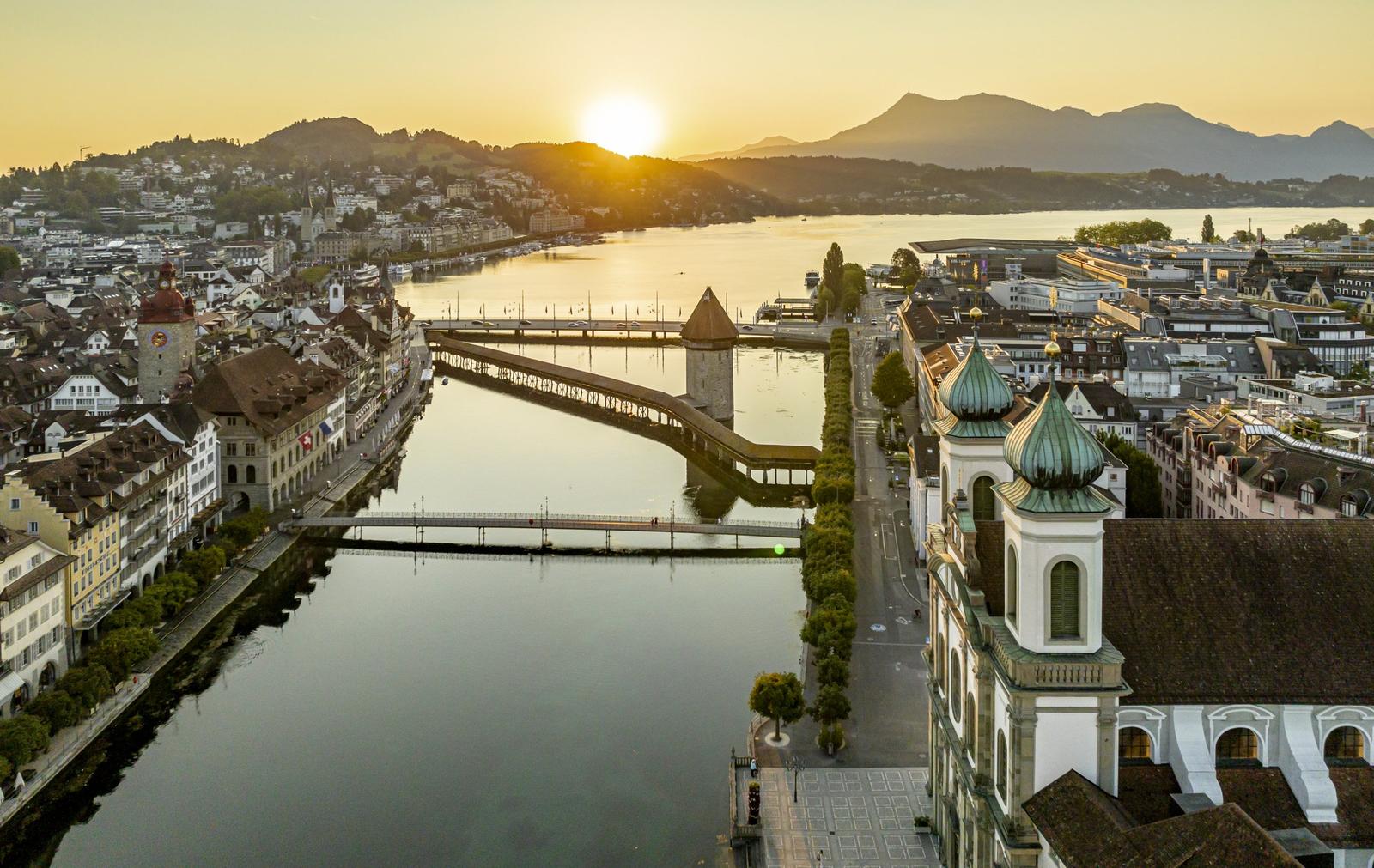 Panoramic view over Lake Lucerne and the surrounding mountains